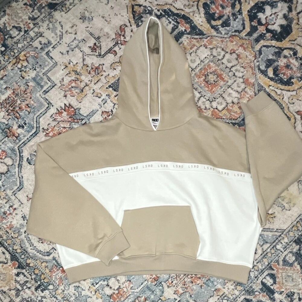 LSKD Beige/White Colorblock Logo Pullover Crop Fleece Hoodie Pockets Women’s XL